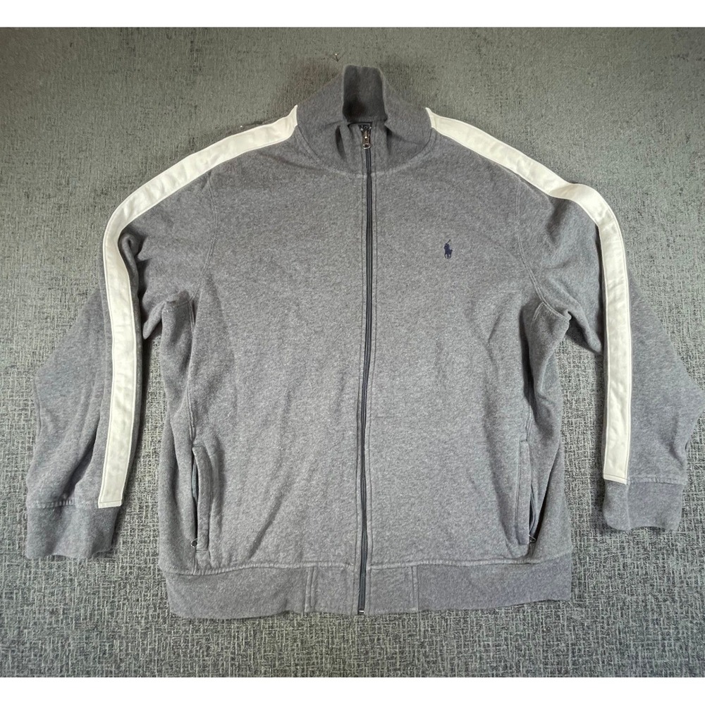 Polo Ralph Lauren Men XXL Gray Full Zip Track Jacket White Stripe Fleece